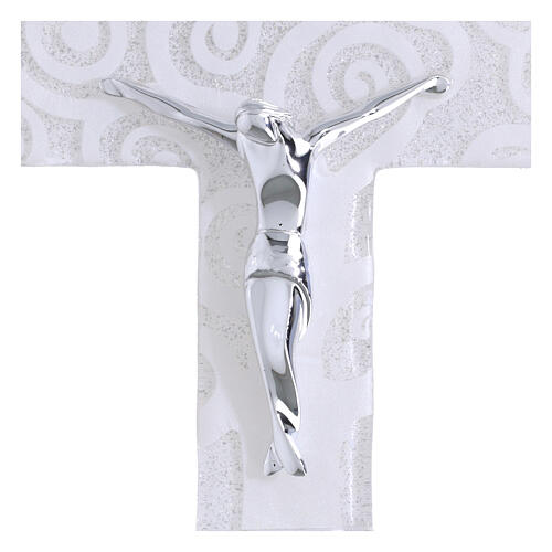 Cruz Árvore da Vida vidro branco com brilho e corpo prateado 16x10 cm