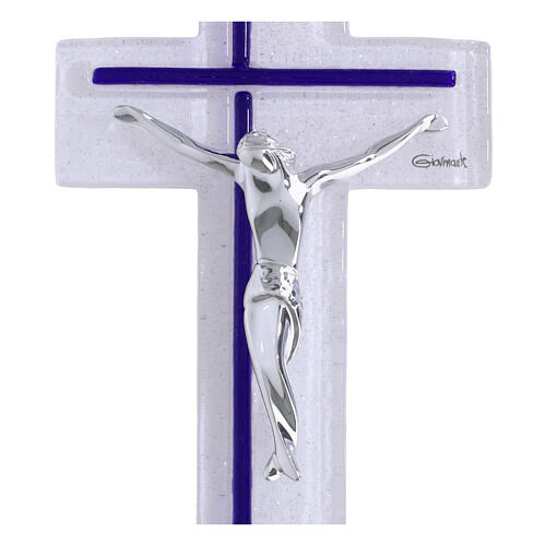 Cruz em vidro bicolor corpo moderno prateado 21x10 cm