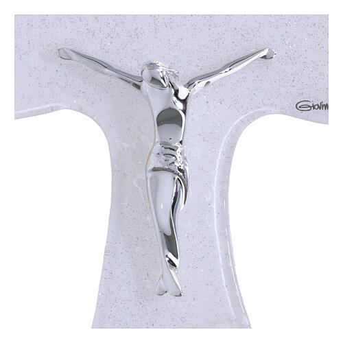 Cruz Tau 16x12 cm vidro branco purpurina e corpo prateado