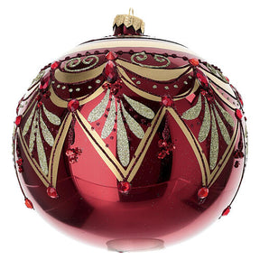 Bola de Natal vermelha decorada com ouro e purpurina de vidro soprado 150 mm