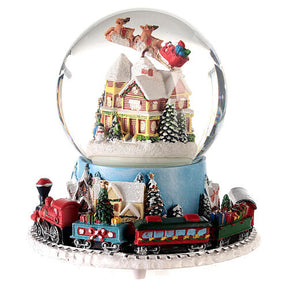 Caixa de música globo de neve comboio, casa e Pai Natal no trenó, 16x16x16 cm