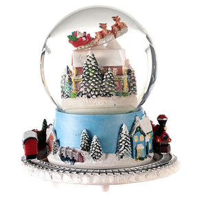 Caixa de música globo de neve comboio, casa e Pai Natal no trenó, 16x16x16 cm
