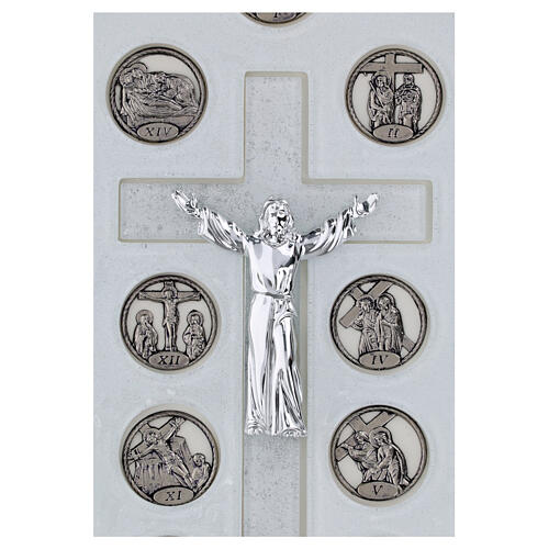 Crucifixo Via Sacra em madeira e vidro com Cristo ressuscitado 38x24 cm