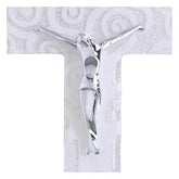 Cruz Árvore da Vida vidro branco com brilho e corpo prateado 16x10 cm