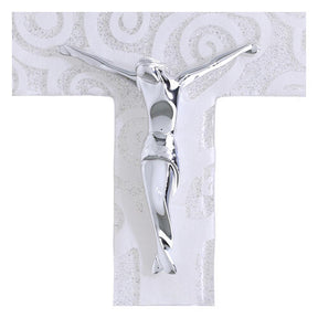 Cruz Árvore da Vida vidro branco com brilho e corpo prateado 16x10 cm