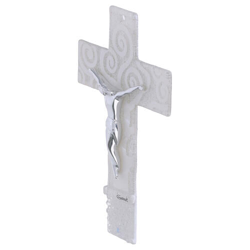 Cruz Árvore da Vida vidro branco com brilho e corpo prateado 16x10 cm