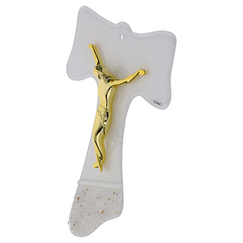 Cruz de parede Tau vidro corpo estilizado ouro 25x20 cm