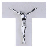 Cruz de vidro branco decorada com Árvore da Vida e corpo prateado moderno 47x30 cm