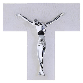 Cruz de vidro branco decorada com Árvore da Vida e corpo prateado moderno 47x30 cm