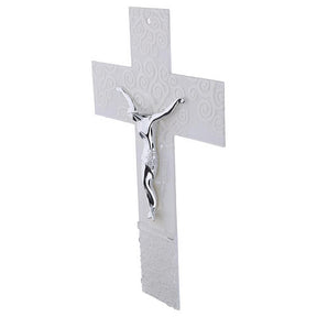 Cruz de vidro branco decorada com Árvore da Vida e corpo prateado moderno 47x30 cm