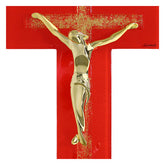 Cruz de vidro vermelho com relevo de cruz brilhante e corpo moderno dourado de 25x15 cm