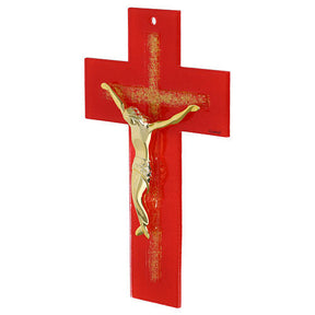 Cruz de vidro vermelho com relevo de cruz brilhante e corpo moderno dourado de 25x15 cm