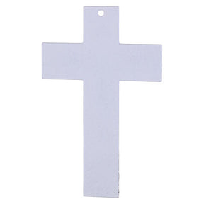 Cruz em vidro branco com corpo em fios de platina 21x13 cm