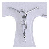 Cruz Tau 16x12 cm vidro branco purpurina e corpo prateado