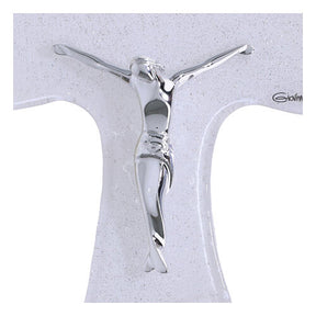 Cruz Tau 16x12 cm vidro branco purpurina e corpo prateado