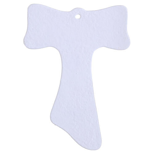 Cruz Tau 16x12 cm vidro branco purpurina e corpo prateado