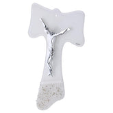 Cruz Tau de parede em vidro corpo moderno prateado 25x20 cm