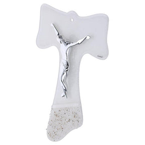 Cruz Tau de parede em vidro corpo moderno prateado 25x20 cm